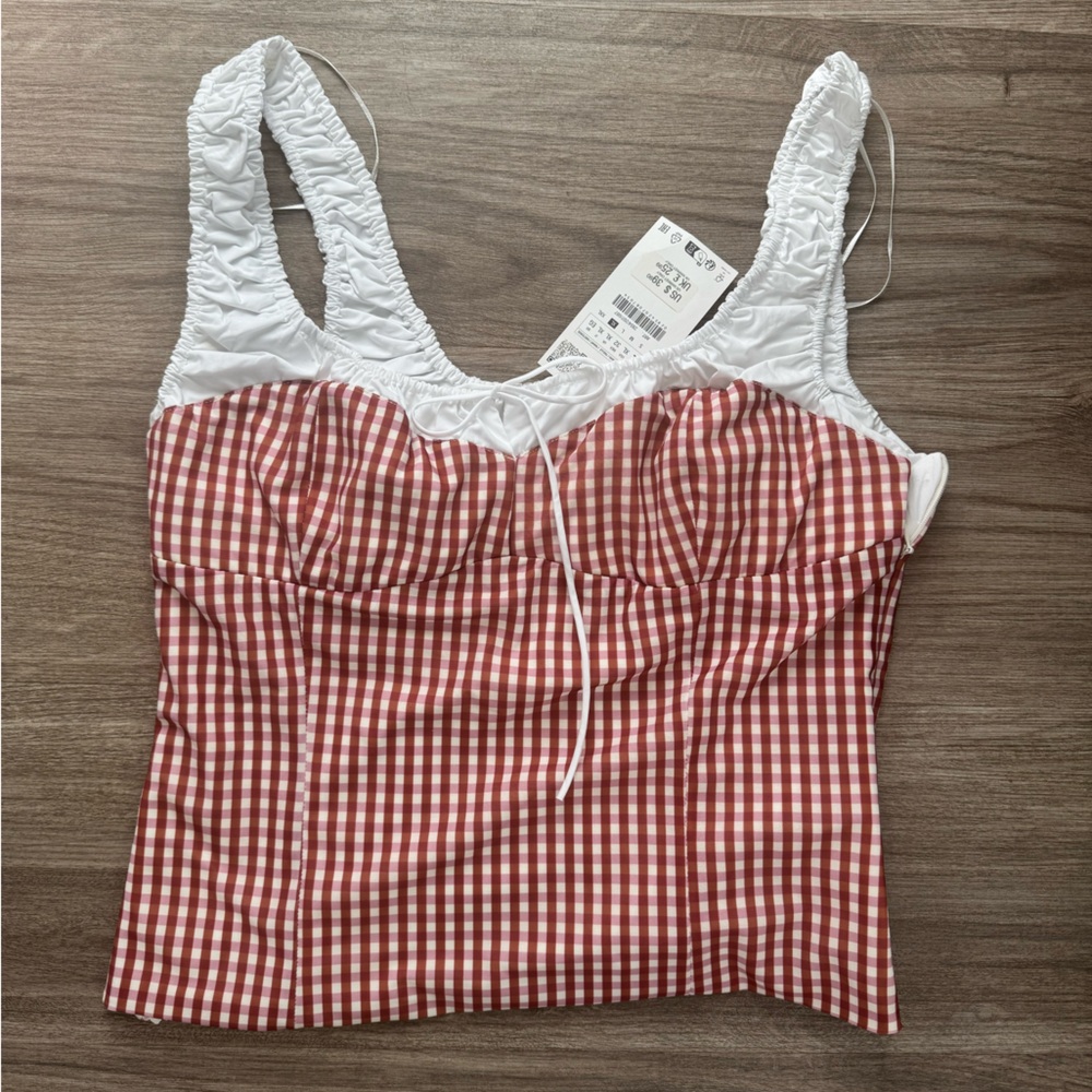 Zara pink and brown gingham tank top size XL